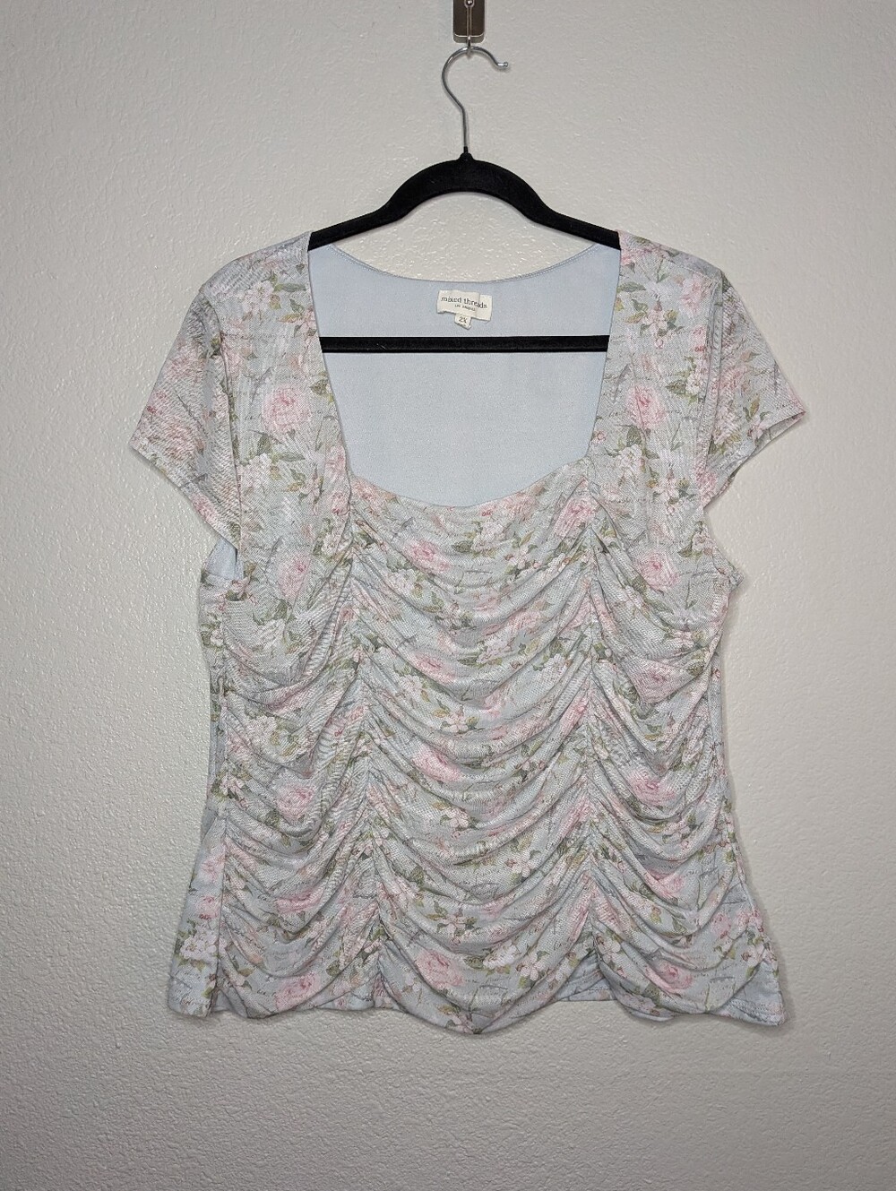 Mixed Threads Light Blue Ruched Floral Renaissance Peasant Drape Top 2X